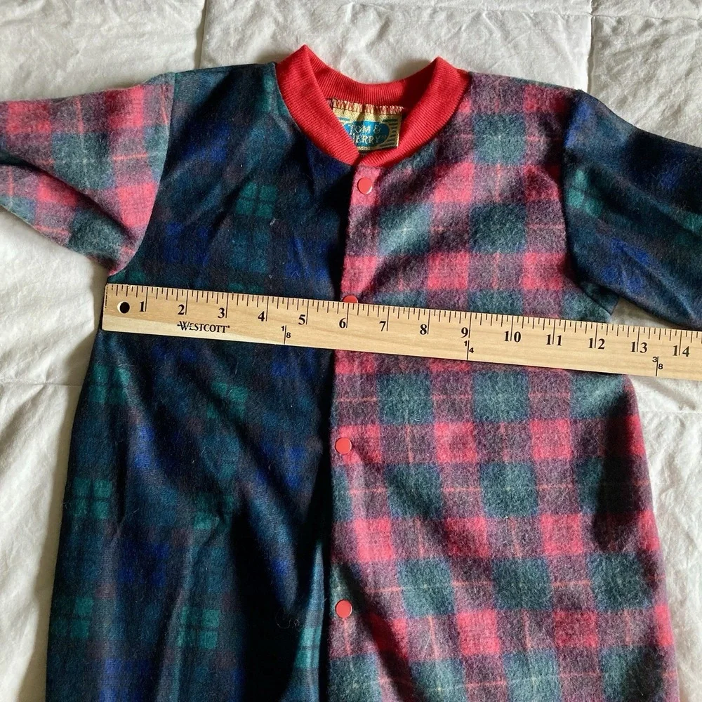 Vtg NWT Tom & Jerry Plaid Pajama Sleeper Footless Fleece Snap 18mo USA Red Green